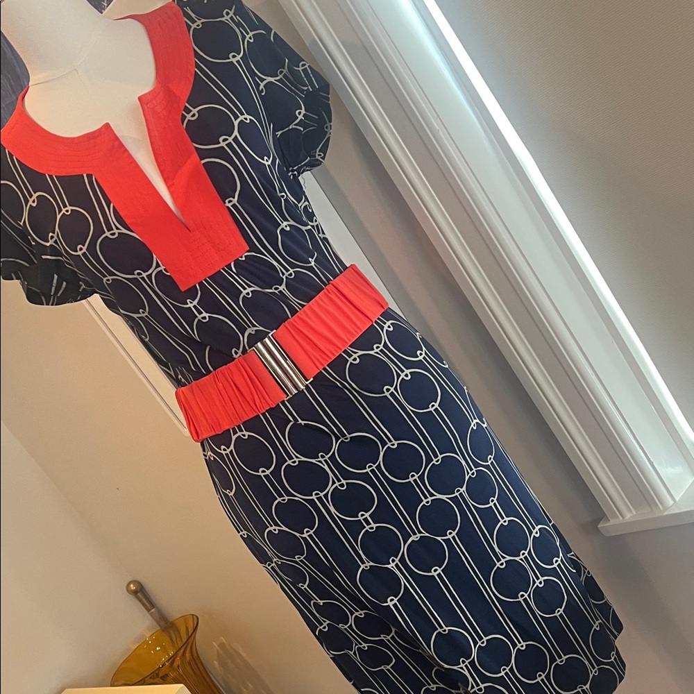Trina Turk Navy and Coral Geometric Midi Dress